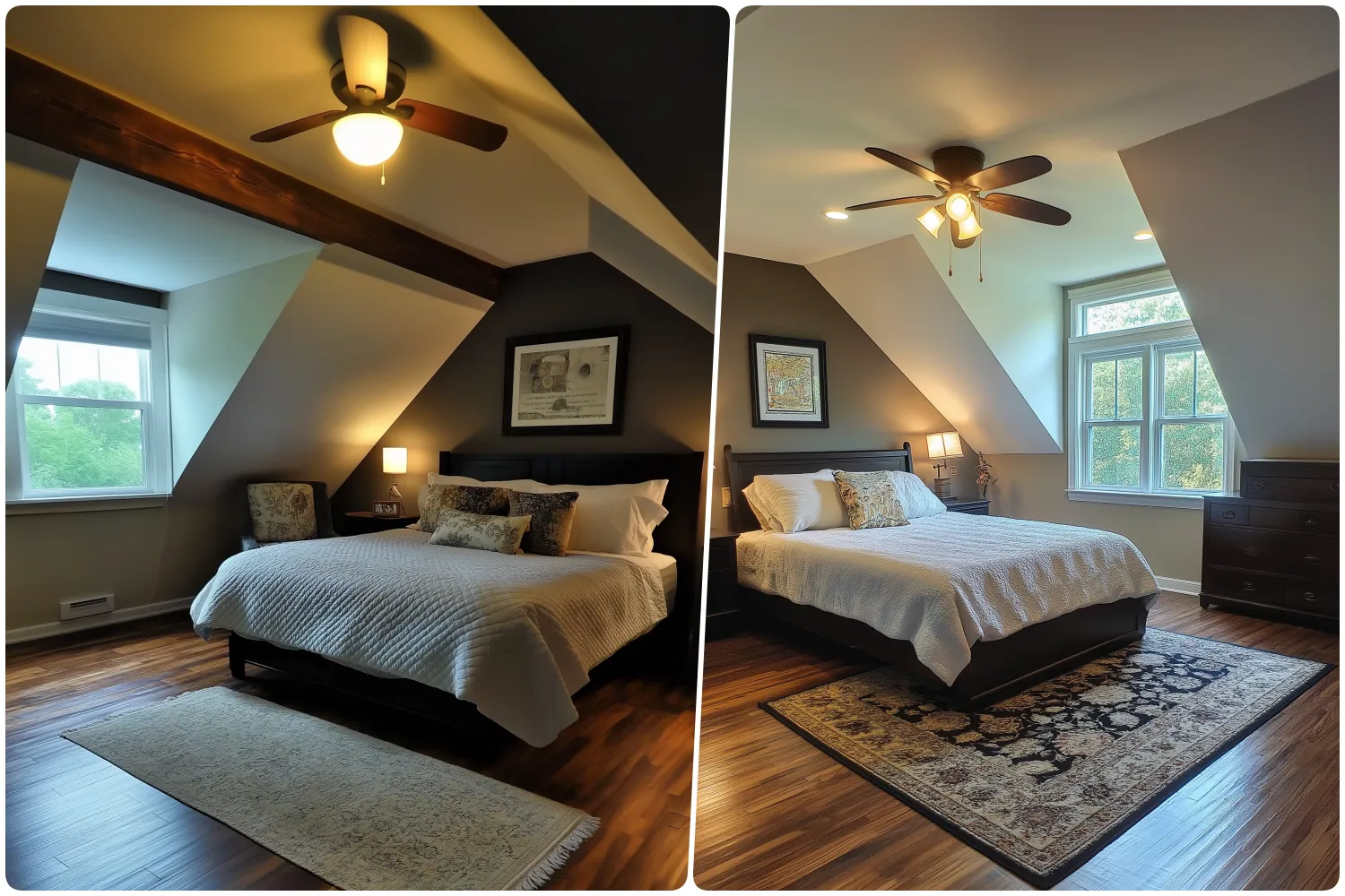 Inviting attic bedrooms with comfortable beds ceiling fans and ample natural light