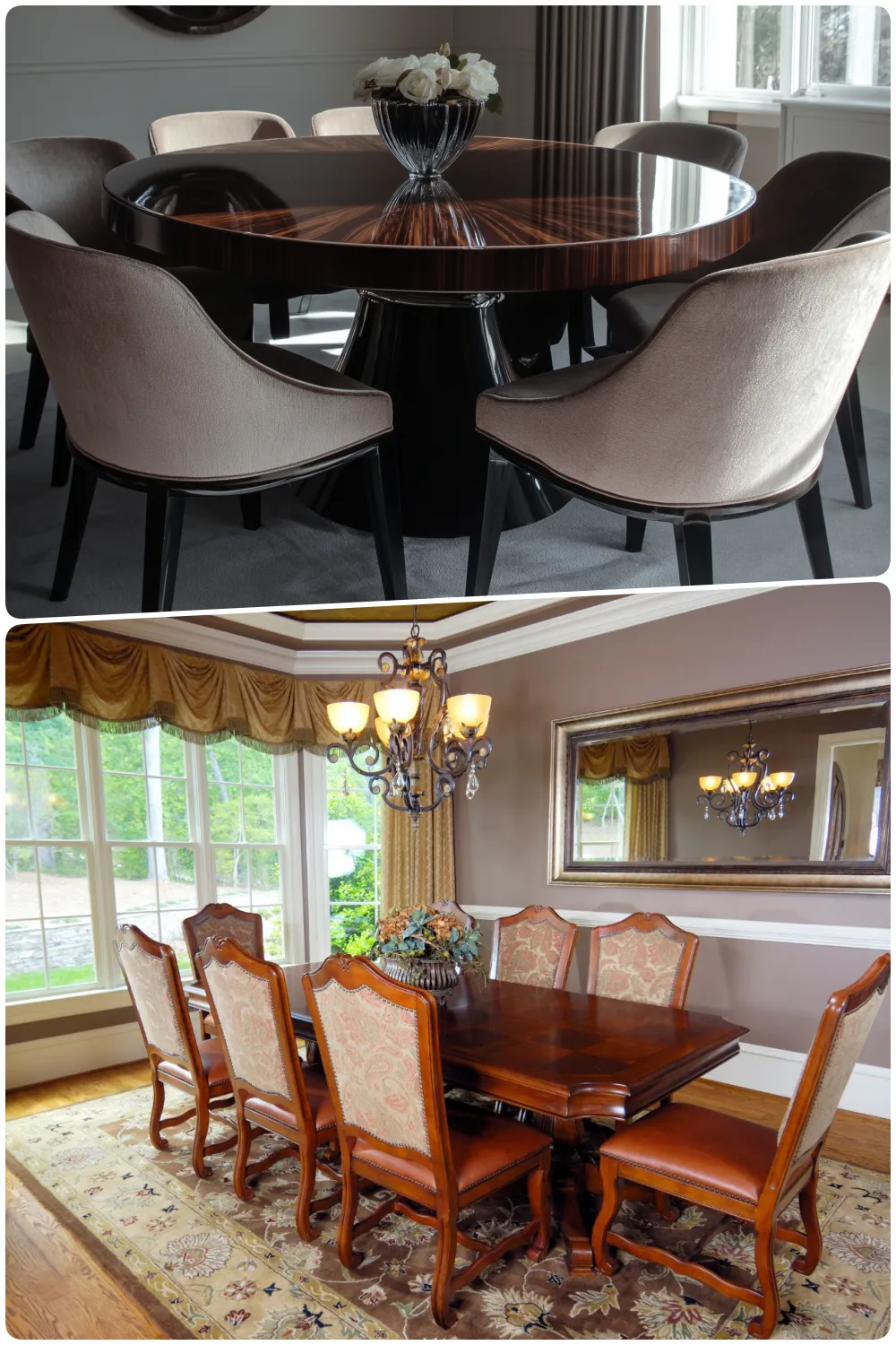 Luxurious dining rooms with elegant round and rectangular tables stylish chairs and chandeliers