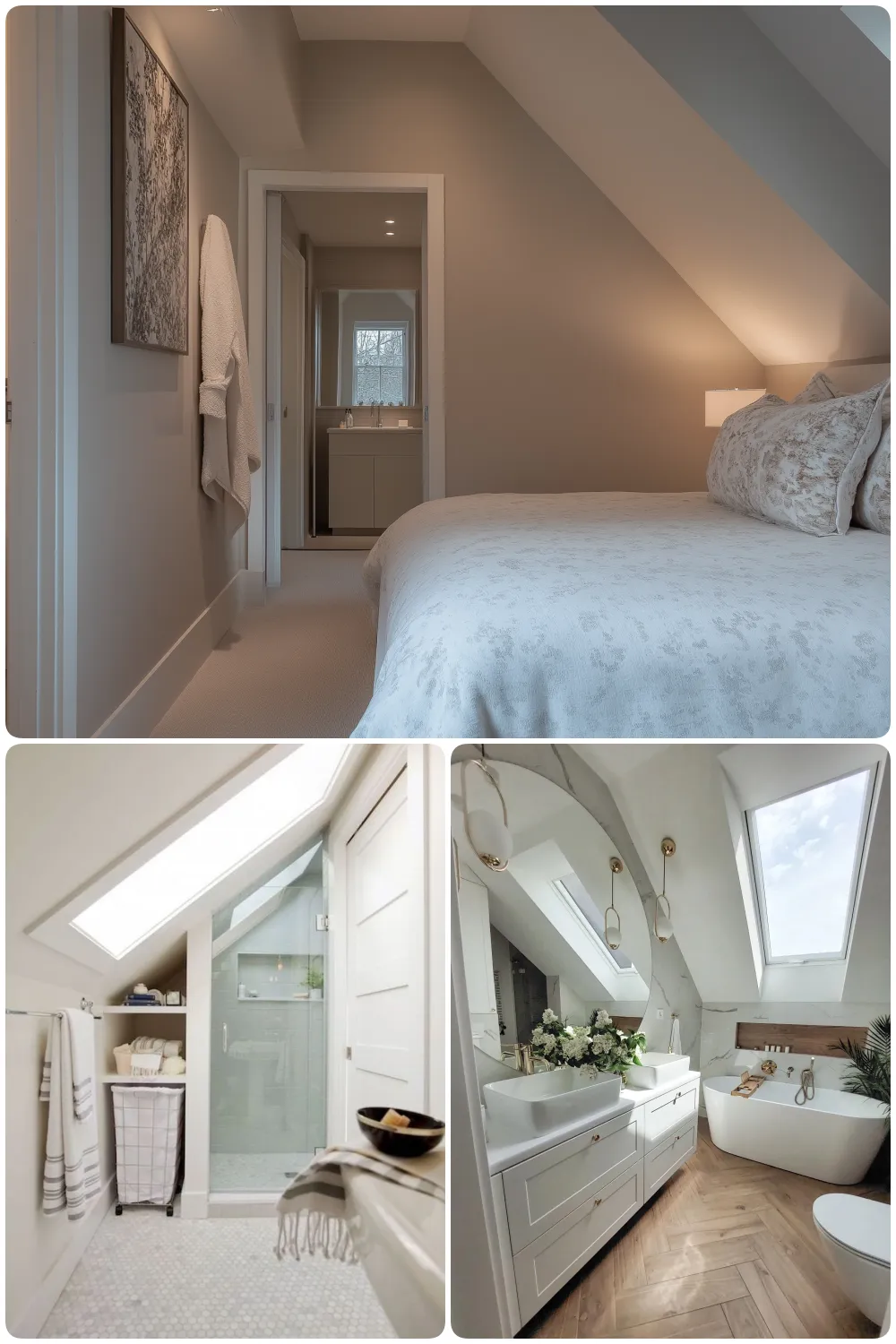 Modern attic bedroom with adjoining bathroom featuring elegant fixtures and skylights