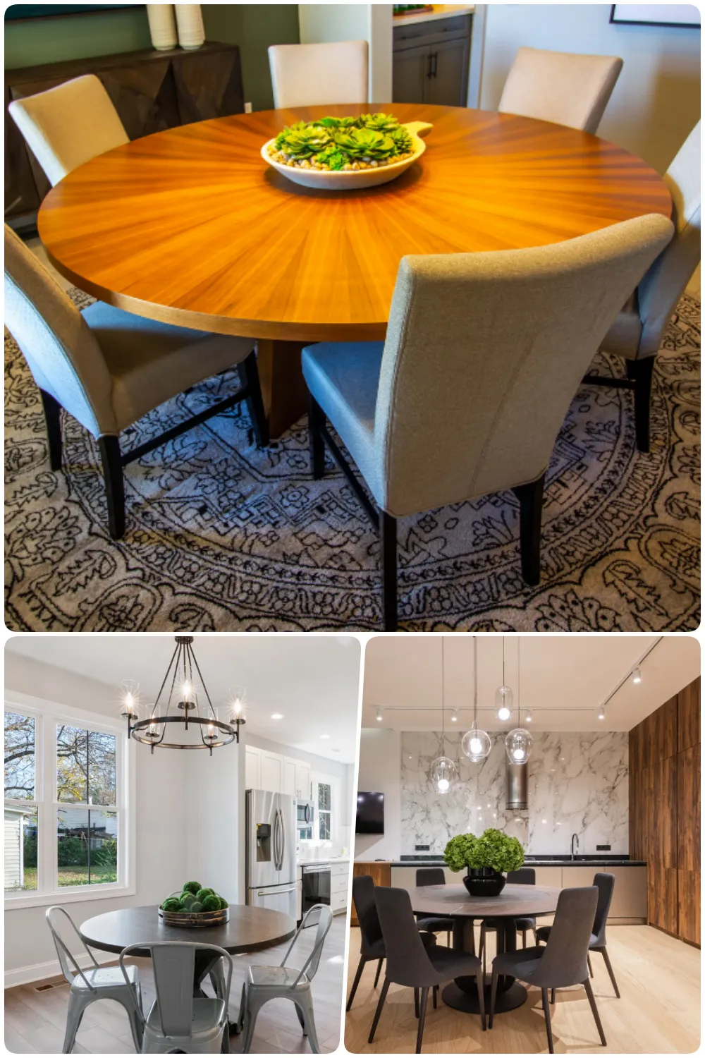 Modern dining setups featuring round tables stylish chairs and vibrant centerpieces