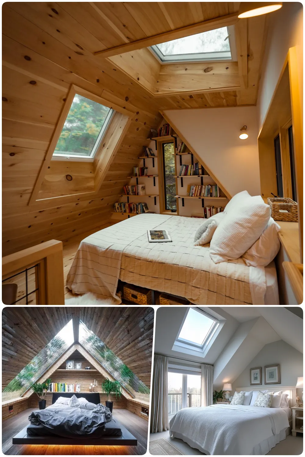 Natural wood attic bedroom with skylights cozy bed and a unique bookcase for an inviting atmosphere