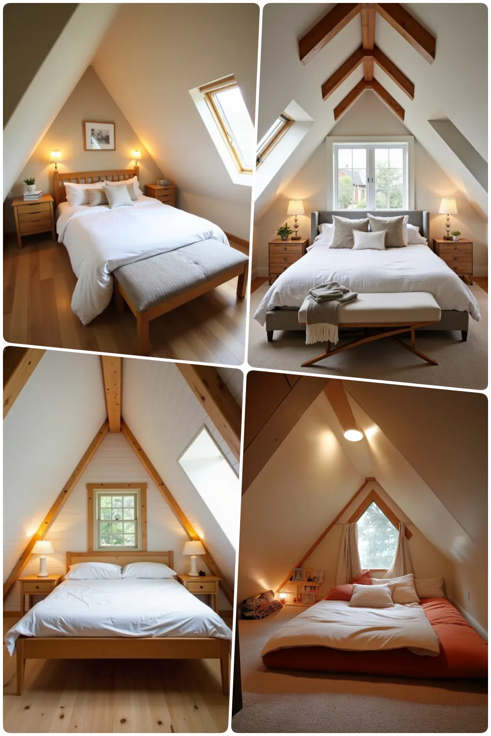 Stylish A-frame attic bedrooms with wooden beams cozy bedding and large windows for natural light