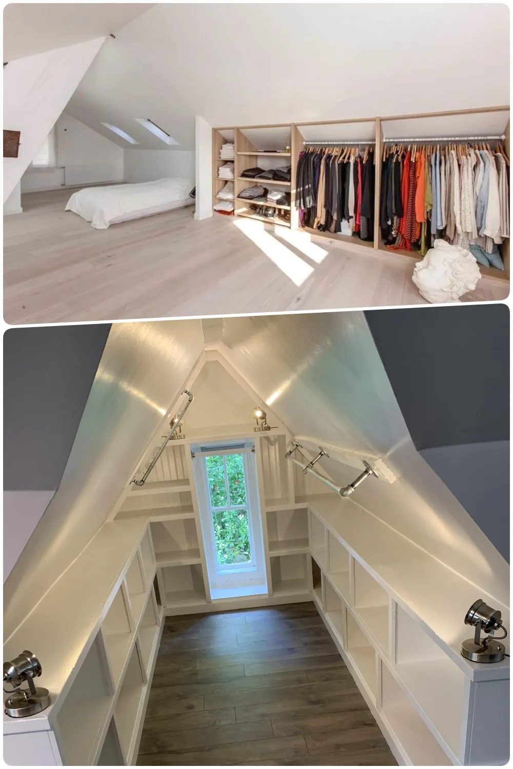 Stylish attic bedroom featuring a spacious wardrobe and organized shelving for clothes