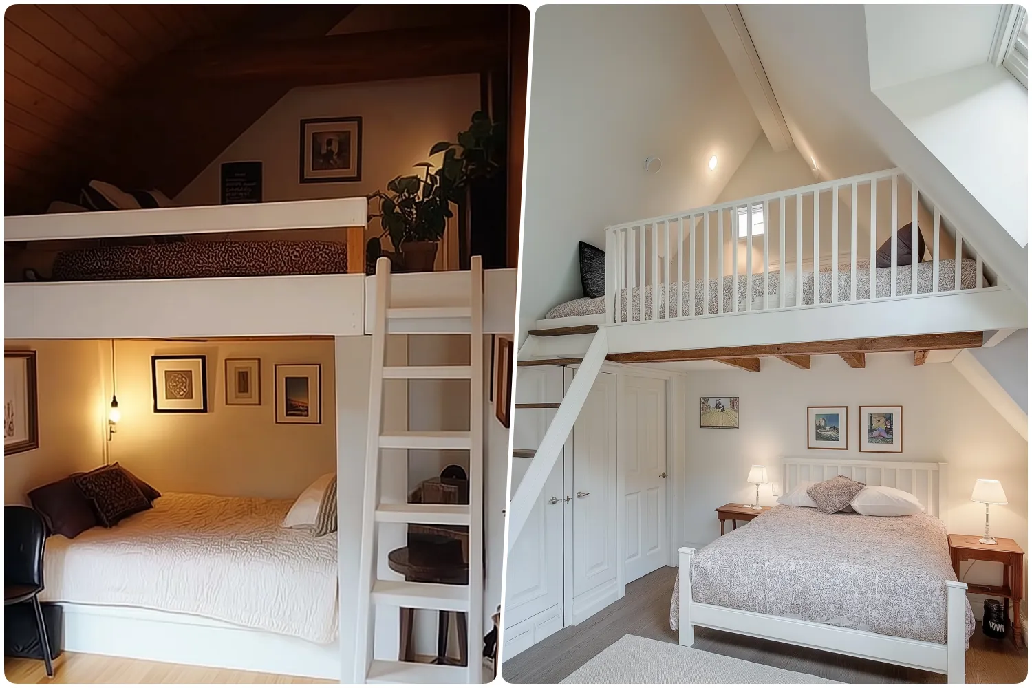 Stylish attic bedrooms with mezzanine beds and cozy decor featuring wooden ladders