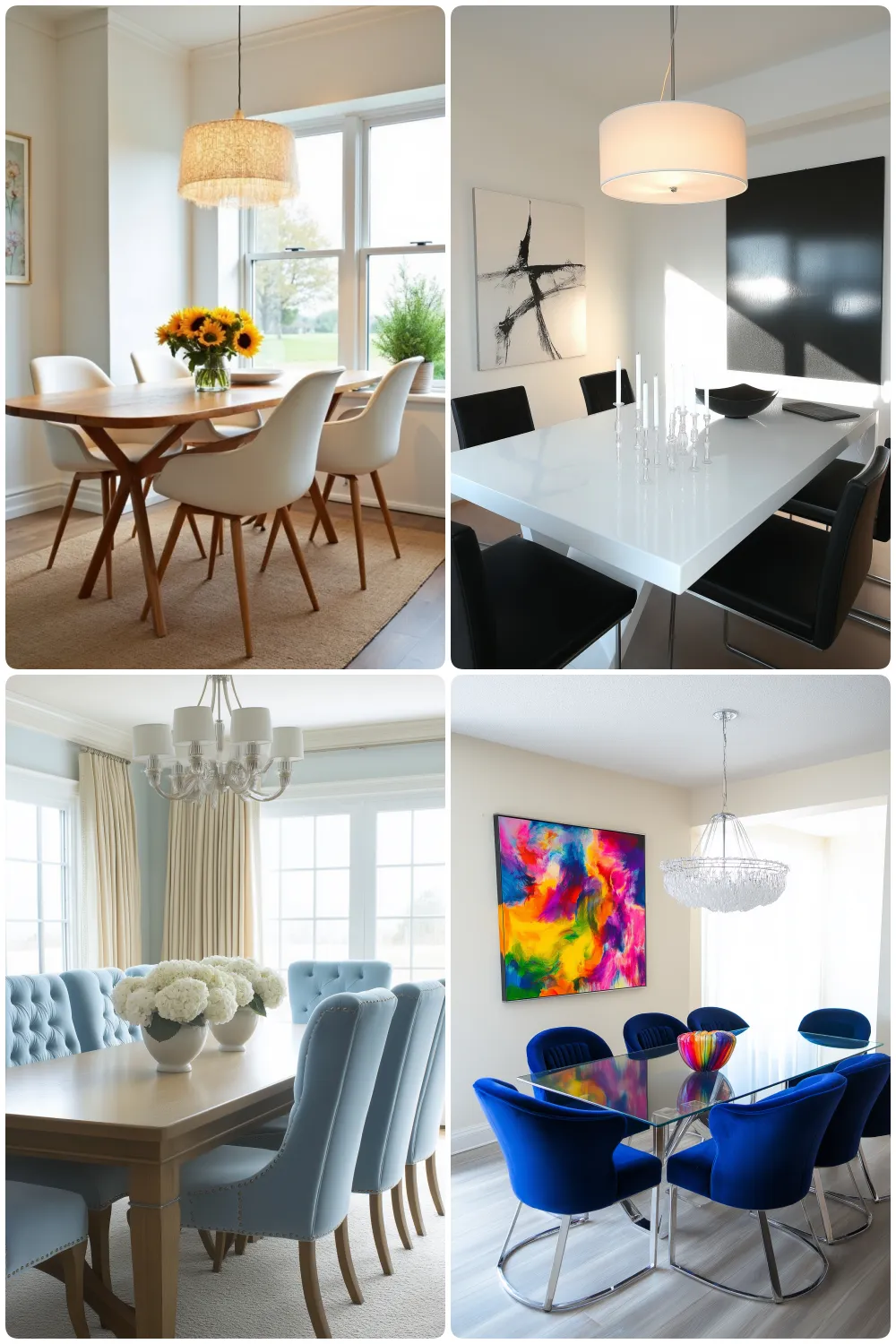 Stylish dining rooms featuring elegant tables chairs and decor in various designs and colors