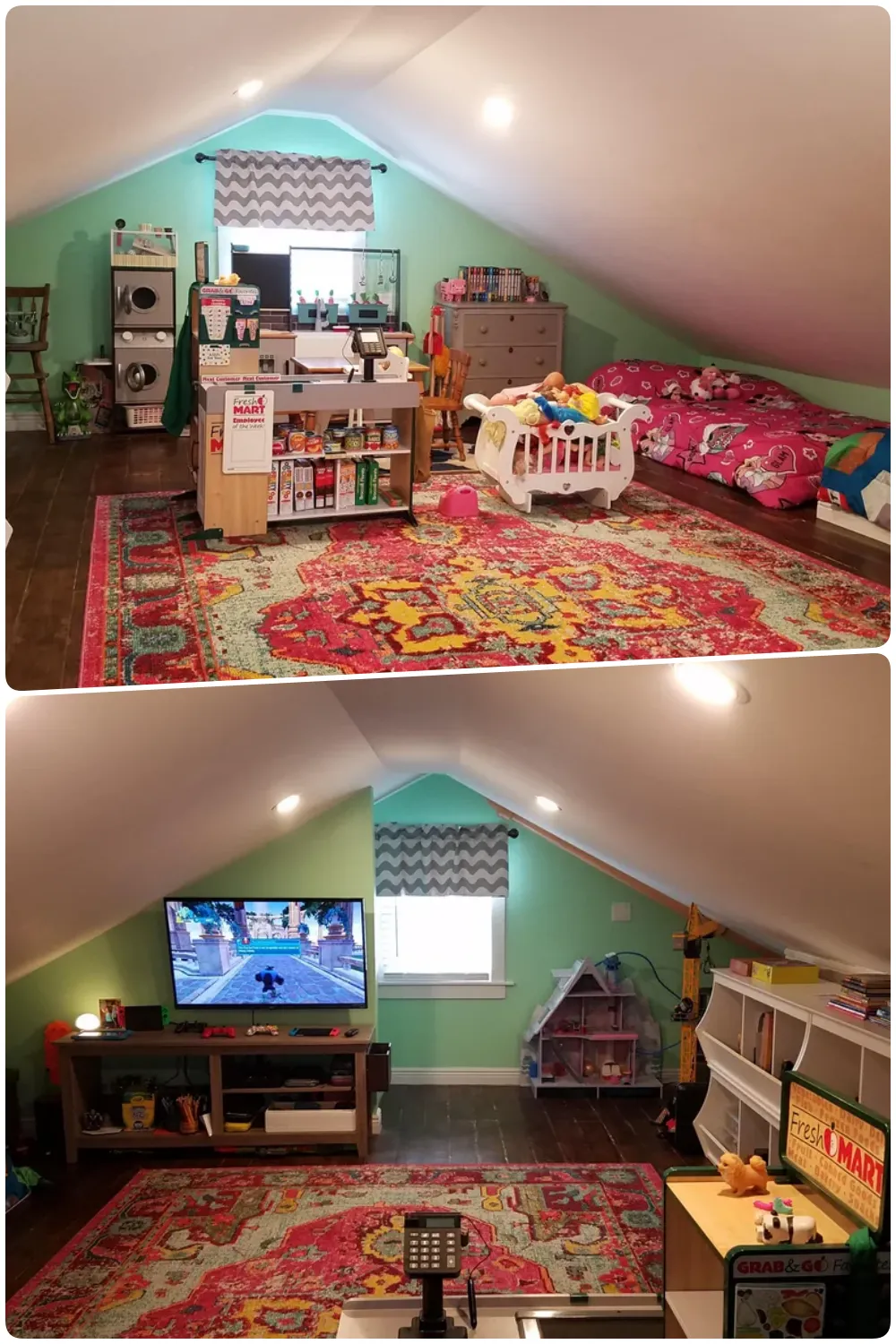 Vibrant attic playroom with colorful rugs toys and a cozy seating area for kids' fun activities