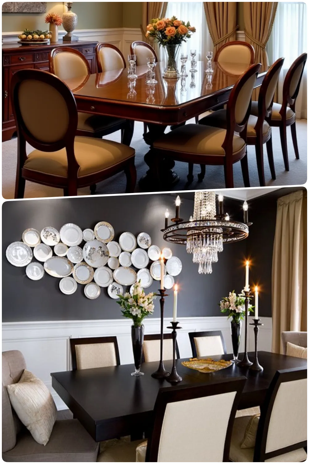 dining room aristic plate wall featuring wooden tables chairs and decorative elements