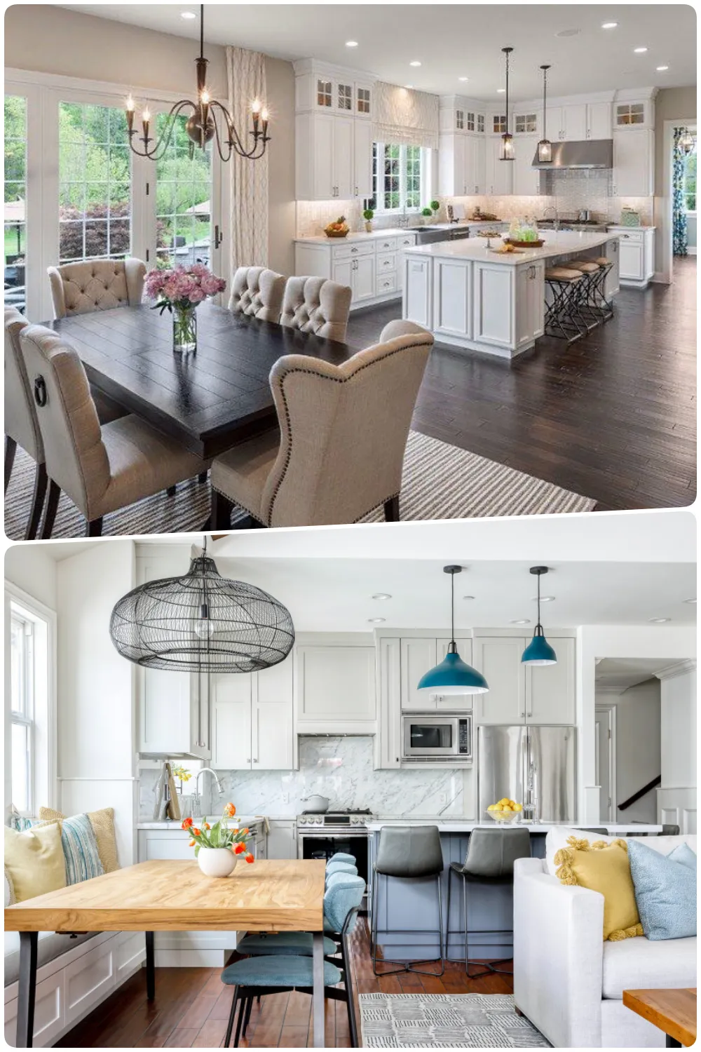 open concept dining room featuring modern decor and natural light with sleek kitchen design