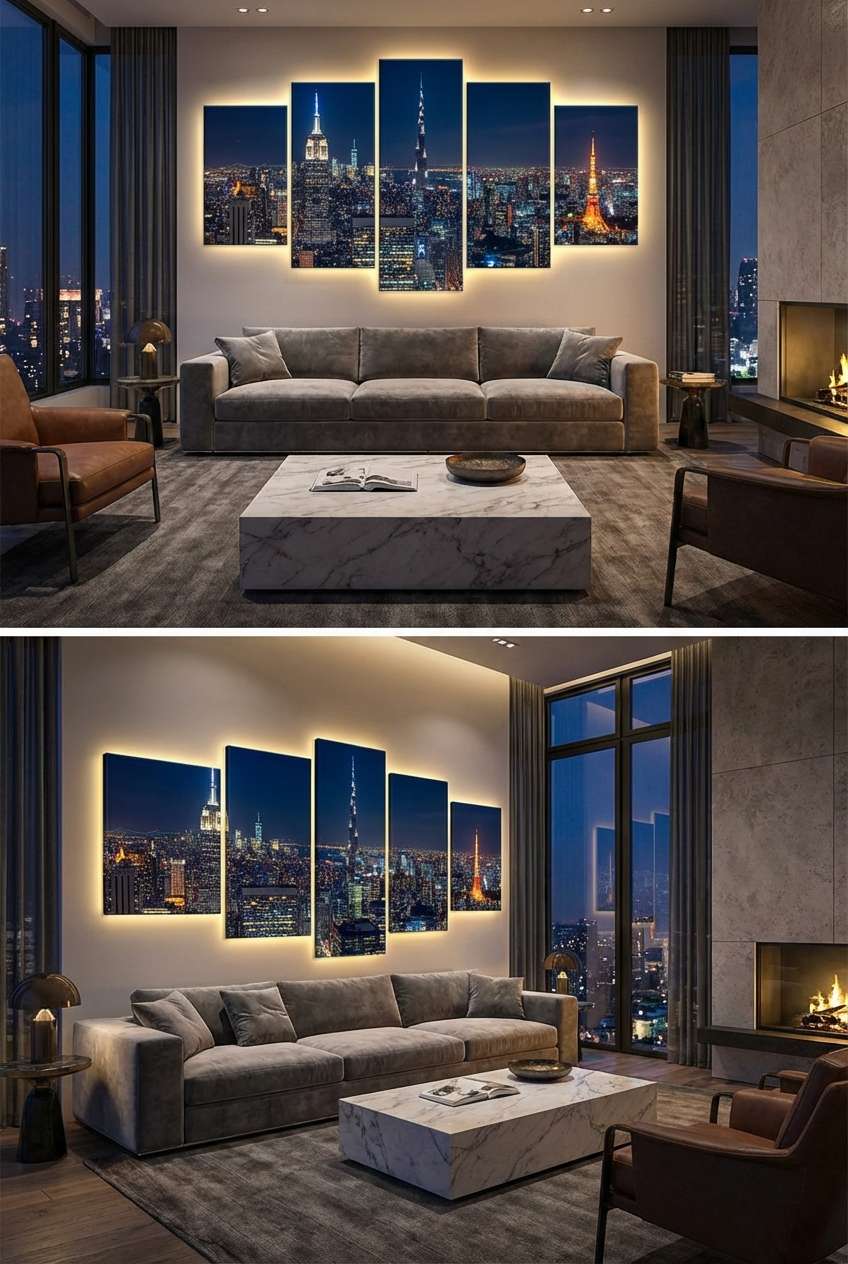 Modern luxury living room featuring a backlit 5-piece canvas wall art set of a night city skyline, mounted above a grey velvet sofa and marble coffee table near floor-to-ceiling windows.