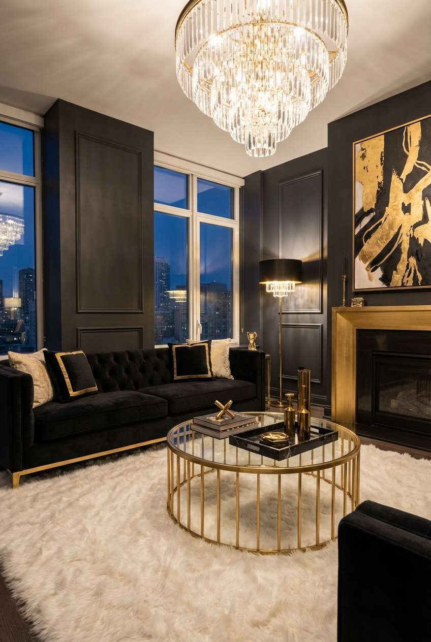 Luxurious, dramatic living room with dark charcoal or black paneled walls and window trim. Features a black tufted velvet sofa with gold trim, a round gold-framed glass coffee table on a plush white shag rug, and a striking gold and crystal tiered chandelier. A modern abstract gold and black painting hangs above a gold-trimmed fireplace. Keywords: luxury living room, black and gold decor, crystal chandelier, velvet sofa, gold accents, dark walls, formal interior