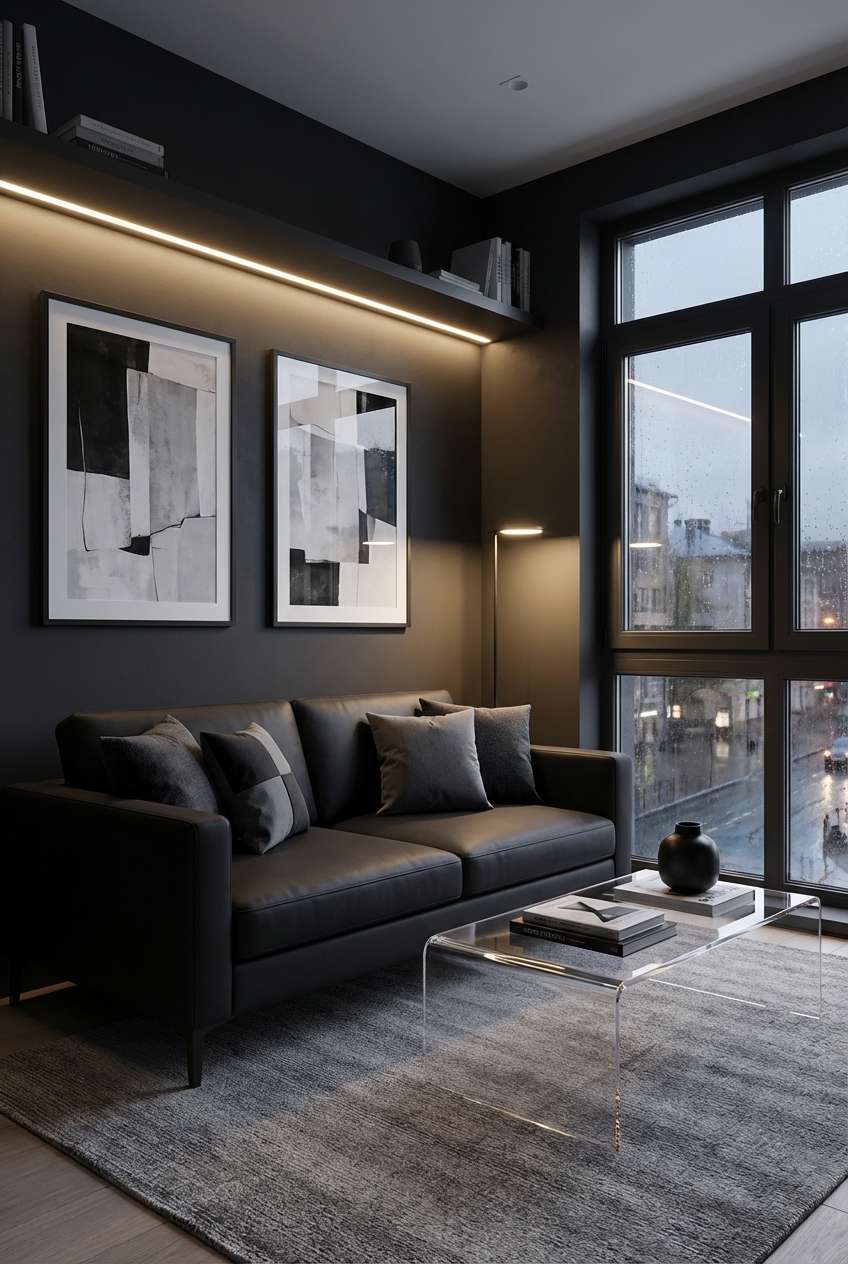 Modern dark living room design featuring a sleek black leather sofa and clear acrylic coffee table. LED strip lighting under a floating shelf illuminates monochrome abstract art on charcoal walls, contrasting with the moody rainy city view through large floor-to-ceiling windows. 