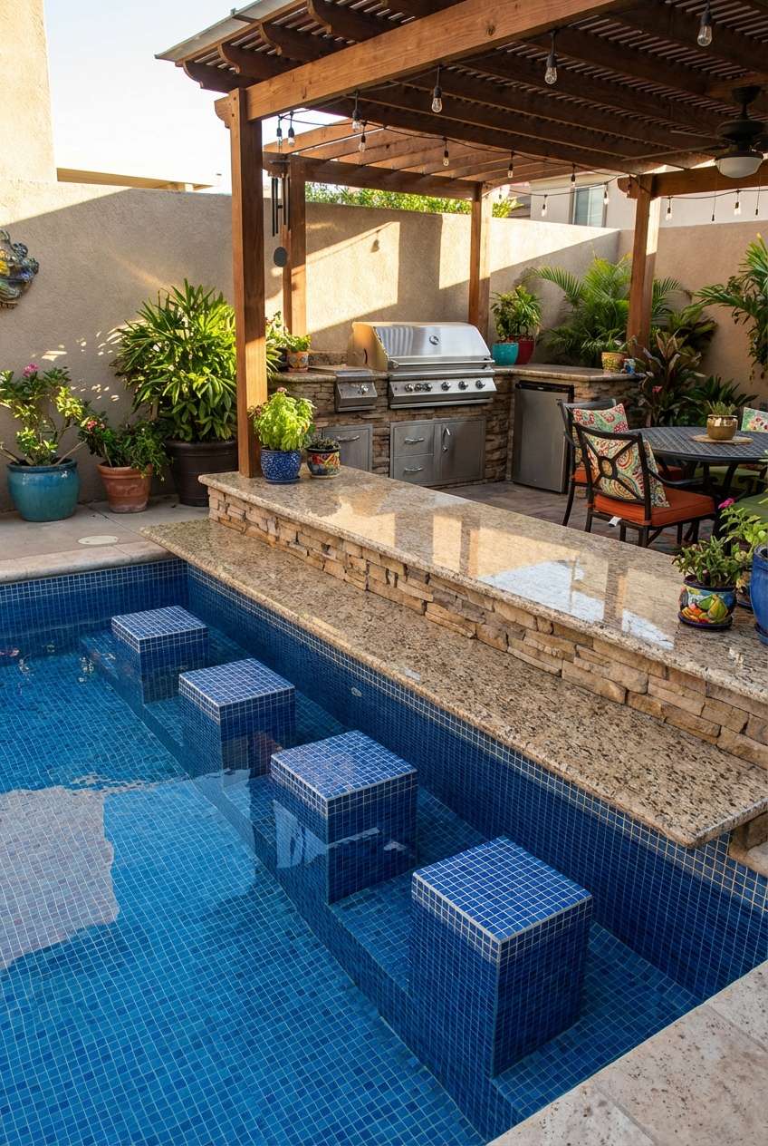 In-ground swimming pool with a swim-up bar featuring blue mosaic tile stools submerged in the water and a raised, stacked stone bar top with a granite surface, looking toward an outdoor kitchen with a stainless steel grill and cabinets under a wooden pergola strung with bistro lights. Backyard oasis, patio, outdoor living