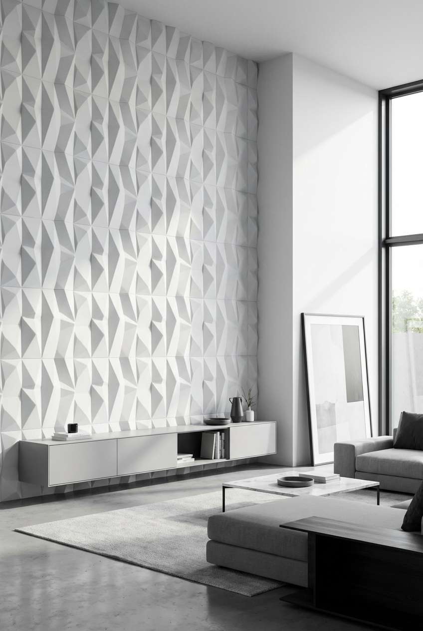 Minimalist contemporary living area showcasing a white 3D geometric textured accent wall, a sleek grey floating media console, concrete flooring, and a modern grey sectional sofa.