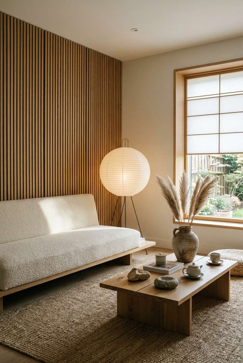 Serene, minimalist living space with strong Japanese or Scandinavian influence. Features light wood slat wall paneling behind a low, textured white boucle or sherpa sofa on a natural woven jute rug. A large, round white paper lantern floor lamp provides soft light next to a low, light wood rectangular coffee table holding a vase of pampas grass, tea set, and decorative stones. A large window with a wooden frame and shoji-style screen looks out onto a garden. Keywords: Japandi interior, wood slat wall, paper lantern lamp, boucle sofa, jute rug, pampas grass, minimalist decor