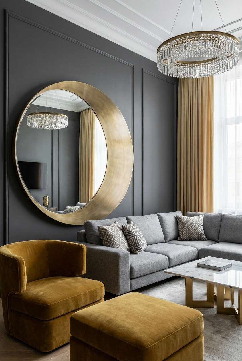 Elegant living room design featuring a massive gold crescent moon mirror mounted on a dark grey paneled wall, accompanied by a grey sectional sofa, mustard yellow velvet armchair, and a crystal chandelier.