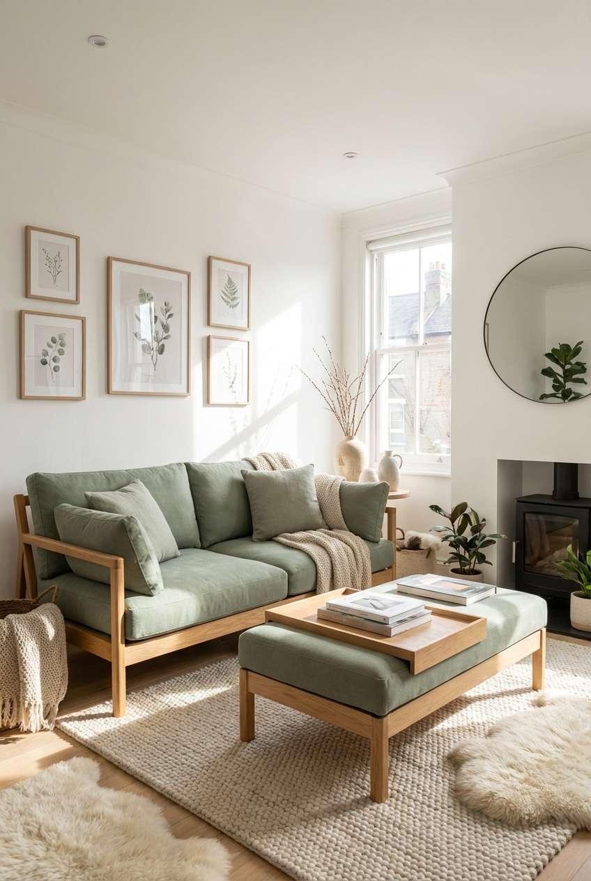 Bright Scandinavian-style living room featuring a sage green wooden-framed sofa and matching ottoman with a serving tray. The airy space is decorated with framed botanical wall art, a textured cream wool rug, and a wood-burning stove near a large window filling the room with natural light. 
