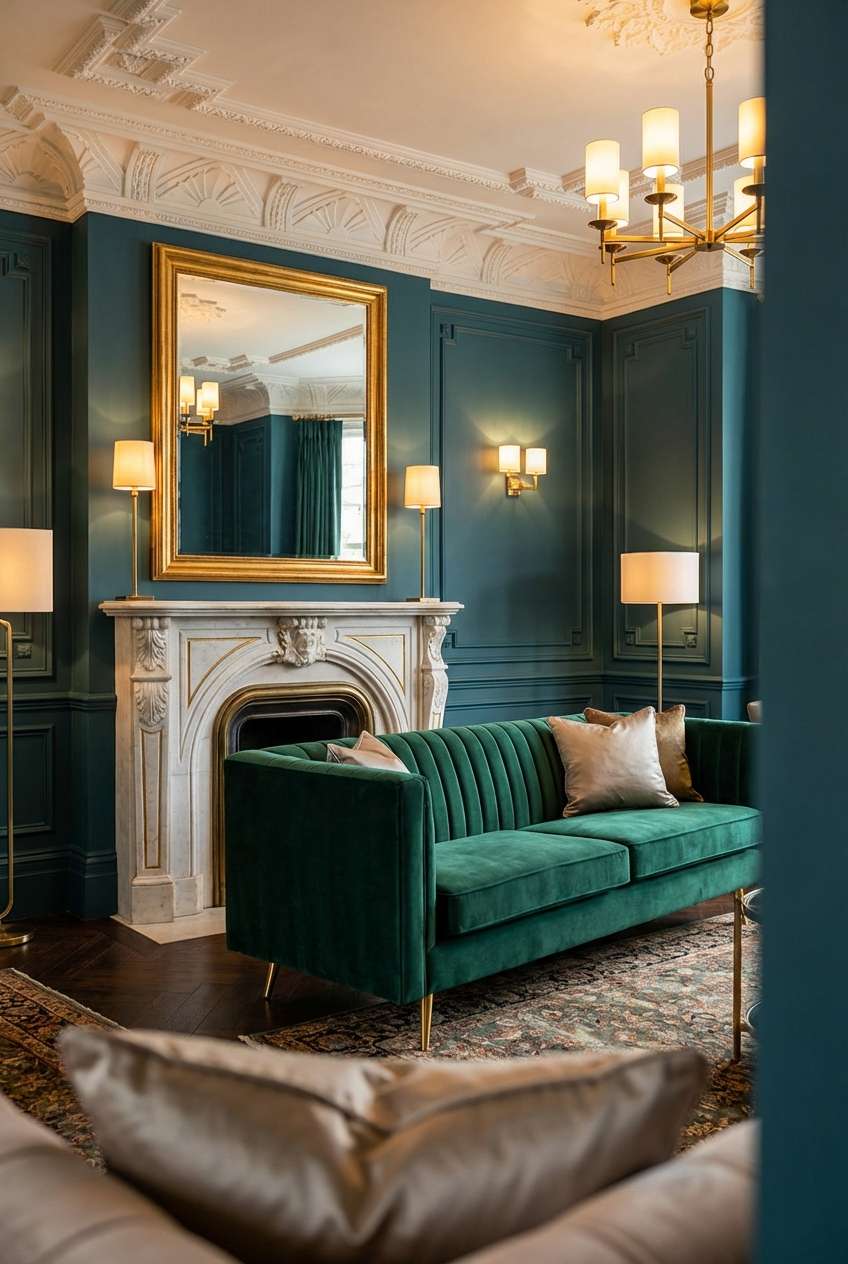 Luxurious traditional living room design with deep teal paneled walls and an elegant emerald green velvet sofa. Gold accents feature prominently in the large framed mirror above the marble fireplace, the brass chandelier, and floor lamps, all resting on dark herringbone wood flooring. 