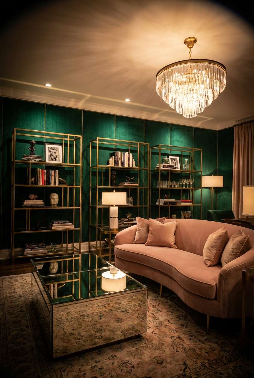 Moody, glamorous living room with deep emerald green tufted velvet paneled walls contrasted by polished gold metal shelving units. A curved, dusty rose or blush pink velvet sofa sits on an antique-style patterned rug. The center features a large mirrored coffee table reflecting the light from an ornate crystal chandelier. Keywords: glamorous living room, emerald green walls, pink velvet sofa, gold shelving, crystal chandelier, mirrored coffee table, maximalist decor