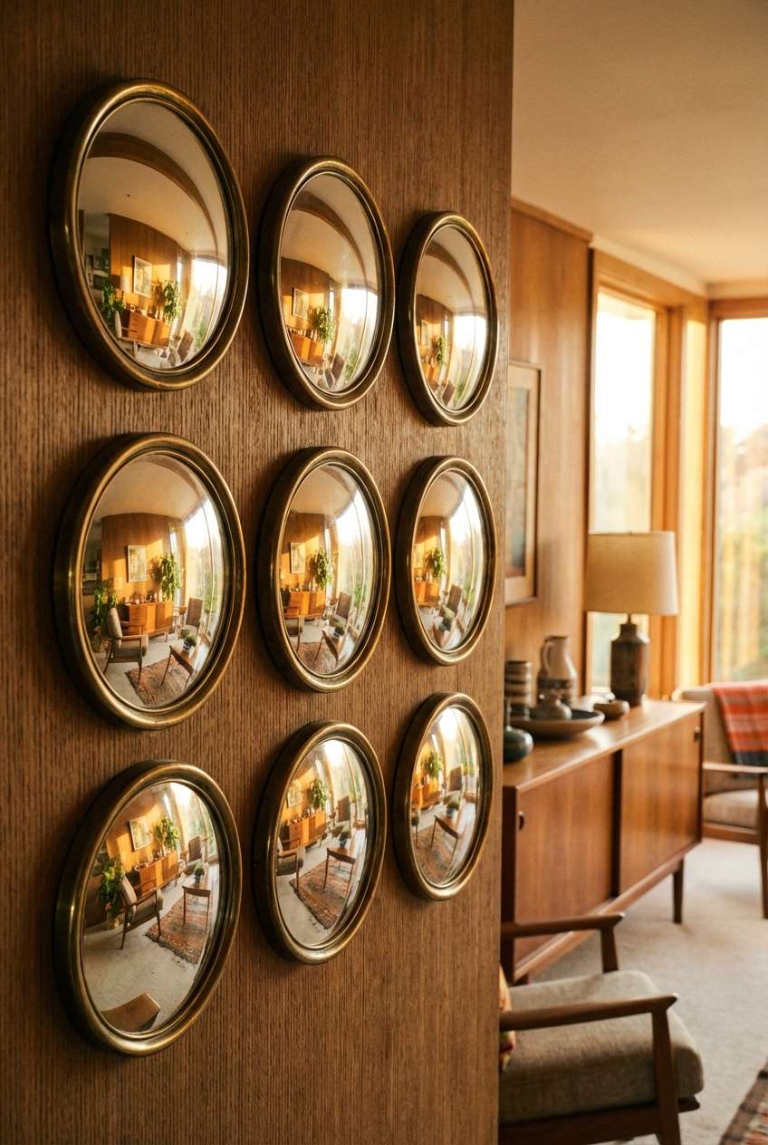 Mid-century modern interior featuring a grid of nine gold-framed convex mirrors arranged on a wood-paneled wall, complemented by a vintage teak sideboard and retro decor.
