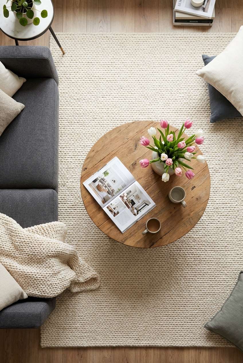 Overhead, top-down view of a cozy living room corner. A dark grey sectional sofa with a thick, chunky knit beige throw blanket sits next to a round, rustic wooden coffee table. The table holds an open magazine, a small vase of pink and white tulips, and two mugs. The floor is covered by a large, thick cream-colored braided or woven rug. Keywords: overhead view, living room details, grey sofa, wooden coffee table, pink tulips, chunky knit blanket, braided rug