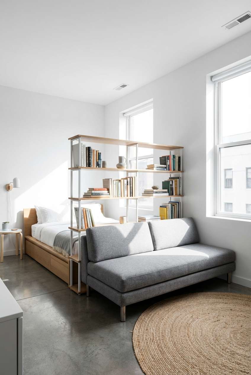 Modern minimalist studio apartment using an open shelving unit as a room divider between the bedroom and living area. The space features a sleek grey sofa, a light wood platform bed with storage, polished concrete floors, and a round jute rug under natural light. 