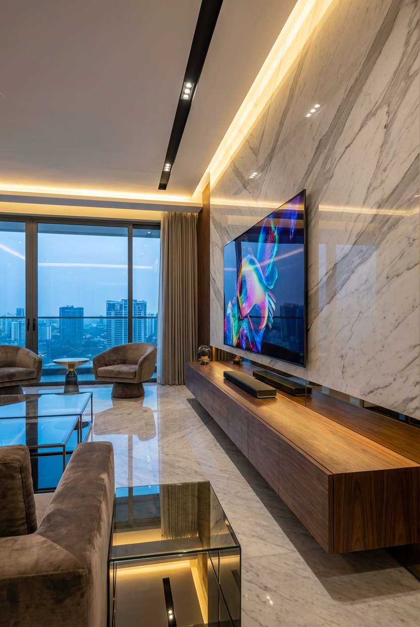 Ultra-luxury high-rise living room showcasing a backlit white marble feature wall with a mounted TV, a long floating walnut media console, and glossy marble flooring with city skyline views.