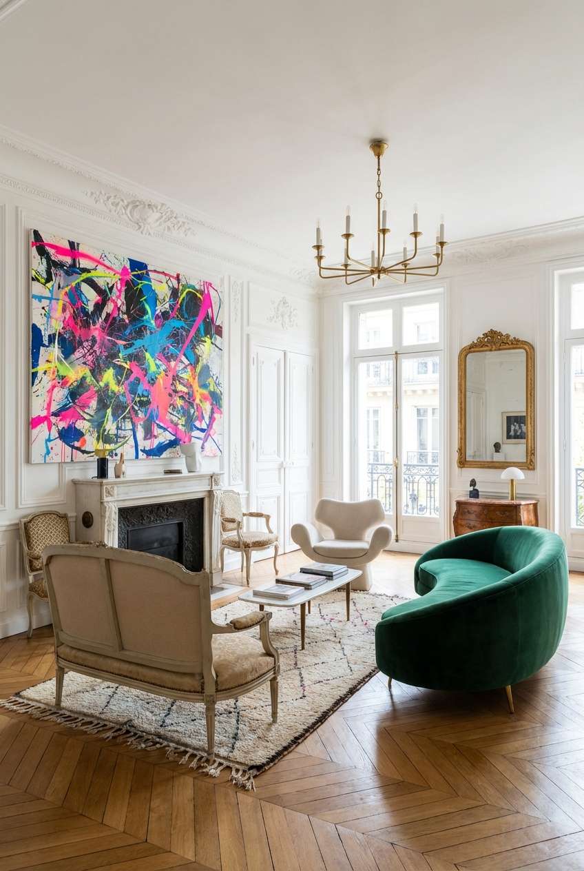 Eclectic Parisian apartment living room mixing classic herringbone parquet floors and a marble fireplace with a vibrant neon abstract splatter painting and a curved emerald green velvet sofa.