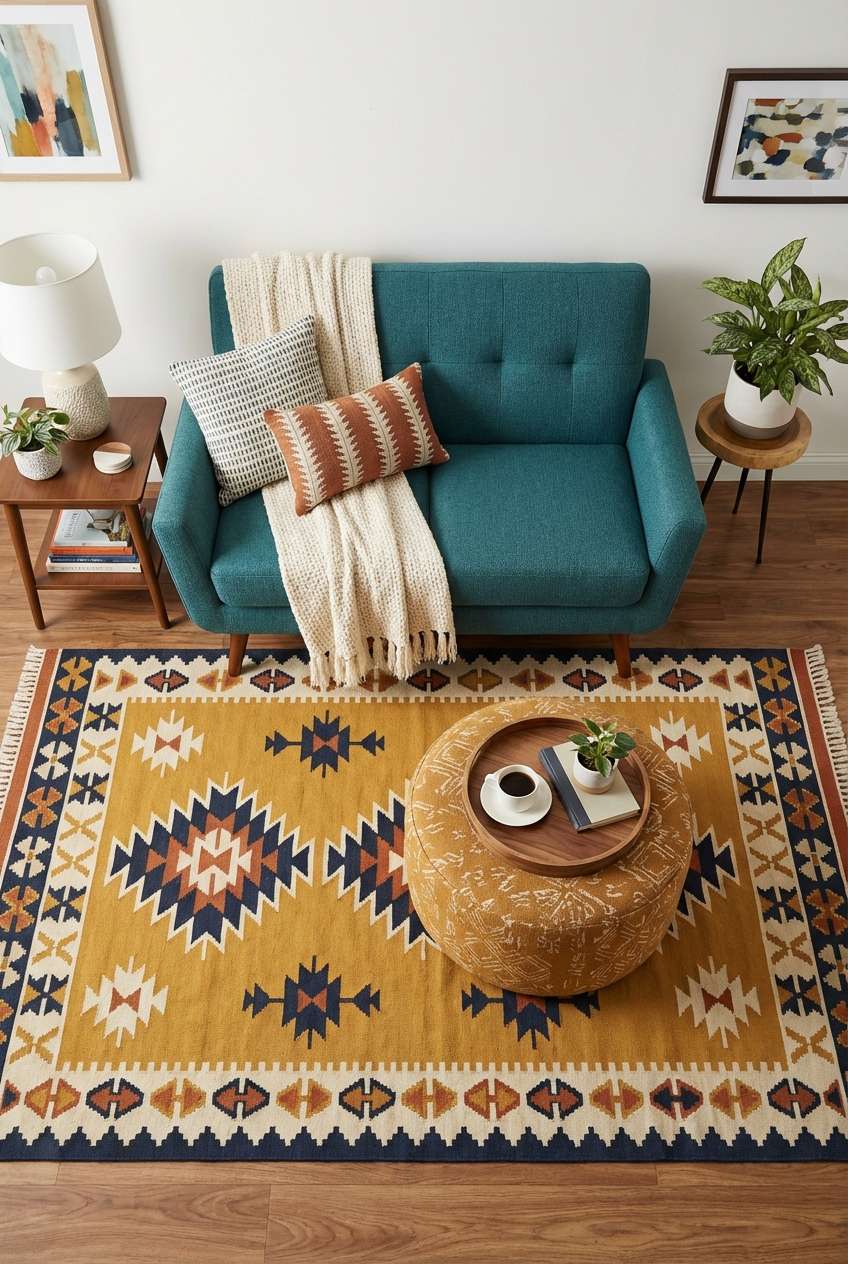 High-angle view of a vibrant mid-century modern living area featuring a teal loveseat and a large mustard yellow geometric area rug. A patterned round ottoman serves as a central coffee table with a wooden tray, flanked by a walnut side table and indoor potted plants. 