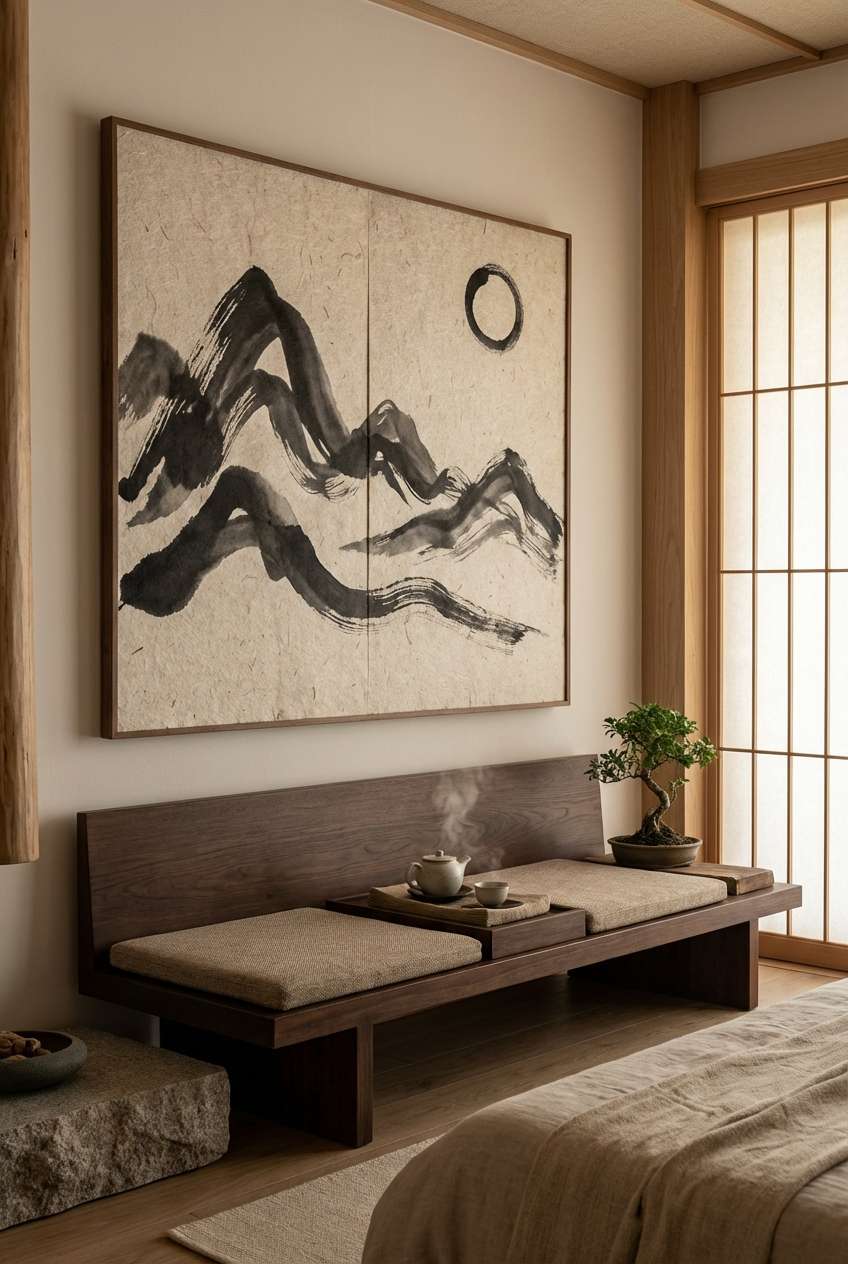 Zen-inspired Japandi interior featuring a large sumi-e ink mountain painting on rice paper, mounted above a low wooden bench with a tea set and bonsai tree near sliding shoji screen doors.