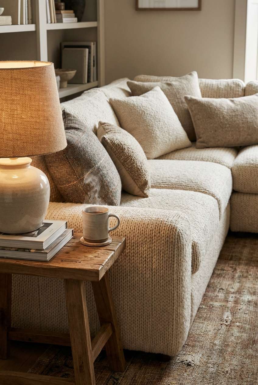 Close-up of a cozy beige textured sofa next to a rustic wooden side table holding a steaming cup of coffee and stack of books, illuminated by a warm lamp in a comfortable reading nook. 