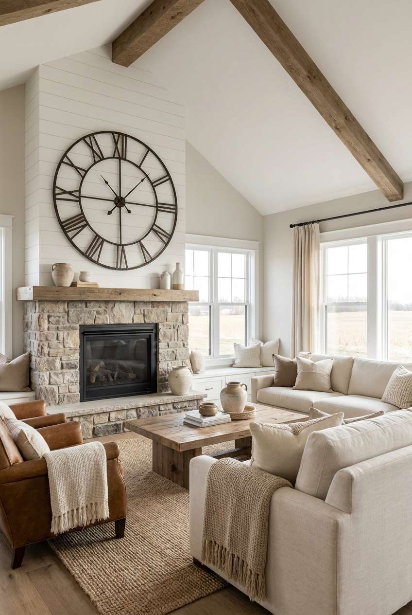 Modern farmhouse living room with vaulted ceilings and rustic exposed wood beams, featuring a large stone fireplace topped with a massive black metal Roman numeral clock and cozy neutral furniture.