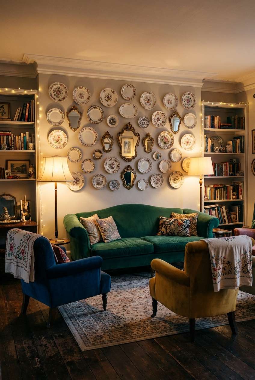 Cozy eclectic maximalist living room featuring a gallery wall of vintage decorative plates and mirrors, flanked by built-in bookshelves and furnished with a green sofa and mismatched velvet armchairs.