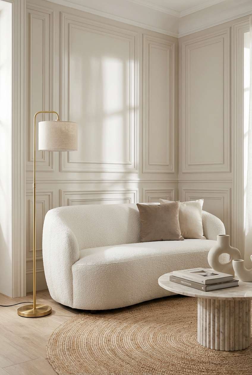 Elegant minimalist living area with a curved white bouclé sofa, a brass floor lamp, and a round jute rug set against classic white paneled walls with architectural molding. 