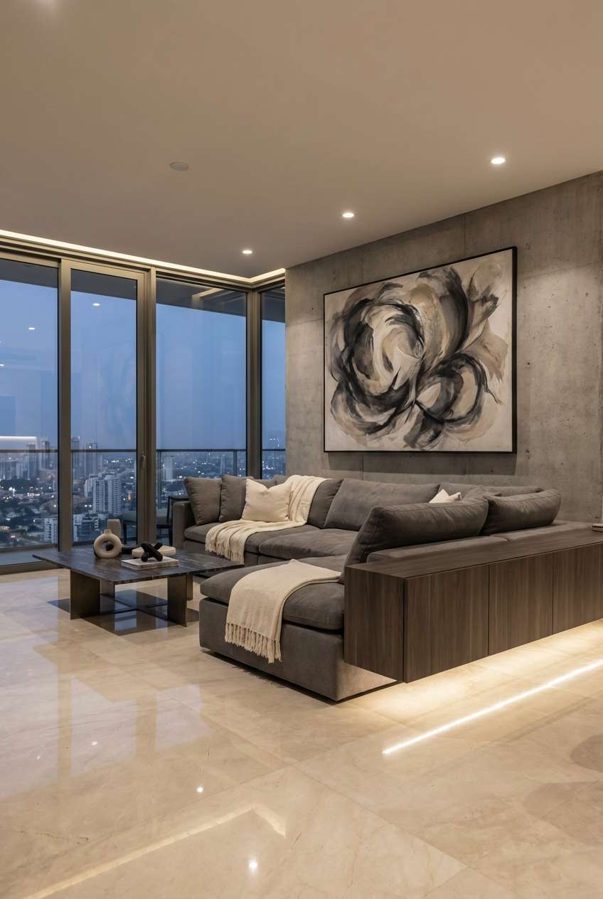 Contemporary living room with a panoramic city view through floor-to-ceiling windows at dusk. A large gray sectional sofa with neutral throw blankets faces a dark, rectangular coffee table. The wall behind the sofa is textured concrete, featuring a large abstract painting in black, gray, and white tones. Subtle under-cabinet LED strip lighting illuminates the base of the sofa unit. Keywords: modern apartment interior, city view, floor-to-ceiling windows, gray sectional sofa, concrete accent wall, abstract art, luxury penthouse