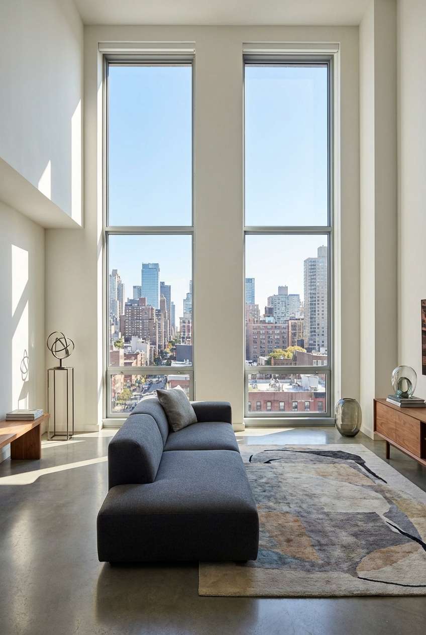 Modern luxury loft living room featuring soaring floor-to-ceiling windows with a bright city skyline view, a sleek grey sofa, and an abstract area rug on polished concrete floors. 