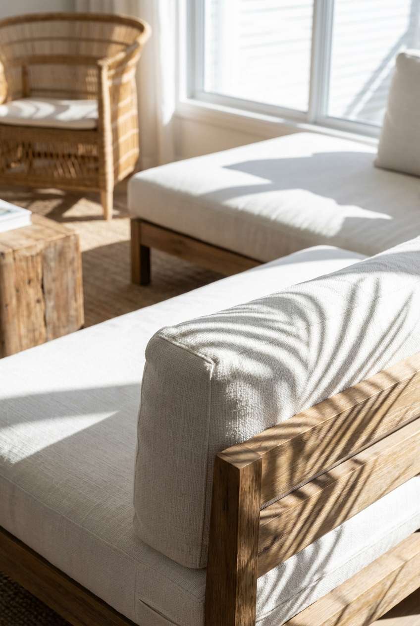 Close-up of a sunlit white linen sofa cushion with distinct palm leaf shadows cast across it, accompanied by a rustic wooden side table and a rattan chair in a bright coastal living space. 
