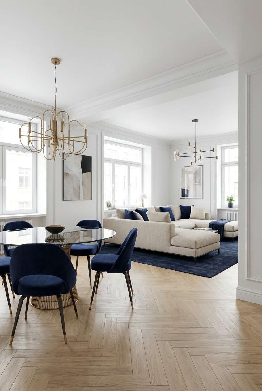Elegant, light-filled living and dining area with white walls and large windows. The dining area features a round glass table with a woven base and six deep navy blue velvet chairs, illuminated by a modern gold geometric chandelier. The living area has a large, light beige sectional sofa on a dark blue area rug, with a modern black linear chandelier overhead. Keywords: bright interior, white walls, navy blue chairs, beige sectional sofa, gold chandelier, open concept living, herringbone wood floor
