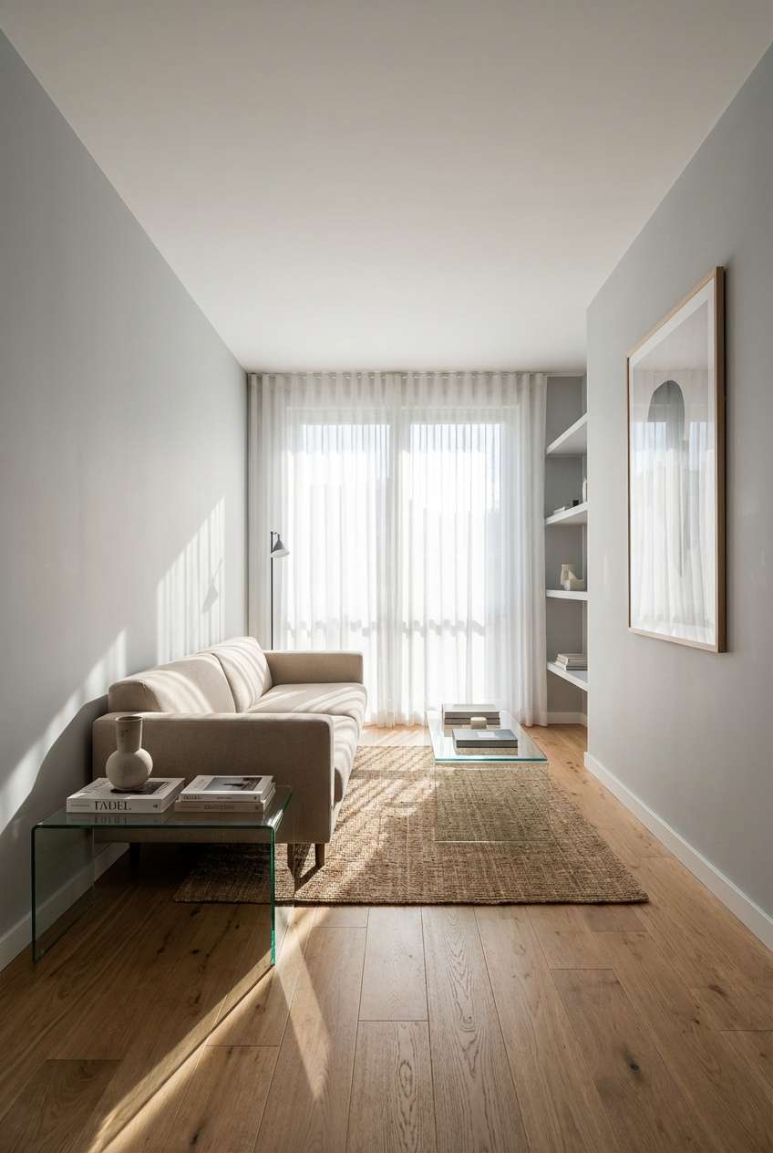 Bright minimalist living room bathed in natural sunlight through floor-to-ceiling sheer white curtains. The airy space features a modern beige sofa, a glass coffee table on a woven rug, light oak wood flooring, and large-scale contemporary wall art. 