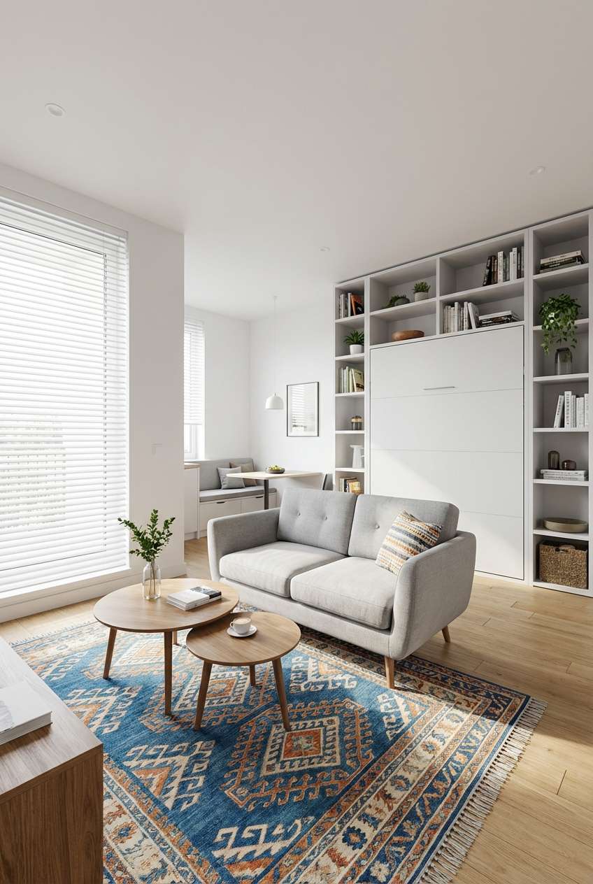 Cozy, bright living room featuring a light gray two-seater sofa on a vibrant blue, orange, and cream patterned Southwestern or tribal style area rug. The sofa is flanked by nested round wooden coffee tables. A large white built-in unit with open shelving and a hidden Murphy bed or storage cabinet dominates the back wall. Bright natural light comes from a window with white blinds. Keywords: small living room, gray sofa, patterned rug, wooden coffee tables, white built-in shelving, bright interior, casual decor