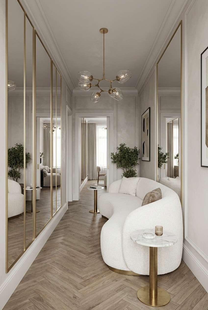 Elegant luxury hallway design featuring a curved white bouclé sofa and herringbone wood flooring. Floor-to-ceiling gold-framed mirrors line the wall, reflecting a modern brass chandelier and a small marble side table, creating a sophisticated and spacious entryway. 