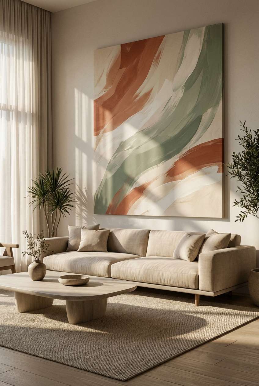 Minimalist Japandi-style living room featuring an oversized abstract canvas painting with earth-toned brushstrokes, displayed above a low-profile beige sofa, wooden organic coffee table, and textured area rug.
