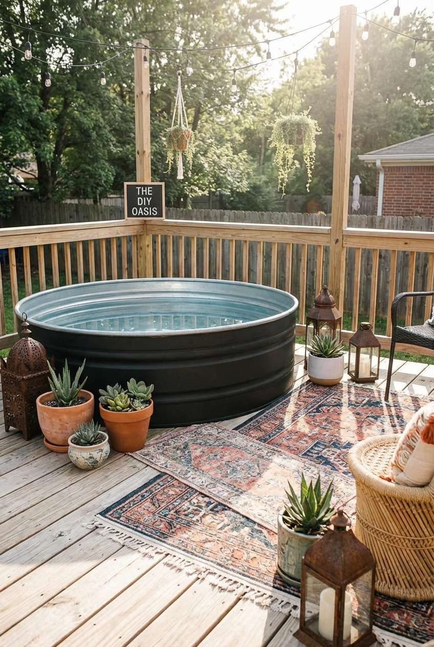 Rustic bohemian DIY backyard setup featuring a large black stock tank serving as a small hot tub or soaking tub on a wooden deck, surrounded by potted succulents, terracotta pots, vintage-style metal lanterns, and layered patterned rugs, with string lights overhead and a sign reading "THE DIY OASIS." Stock tank hot tub, bohemian decor, backyard DIY, outdoor relaxation. 