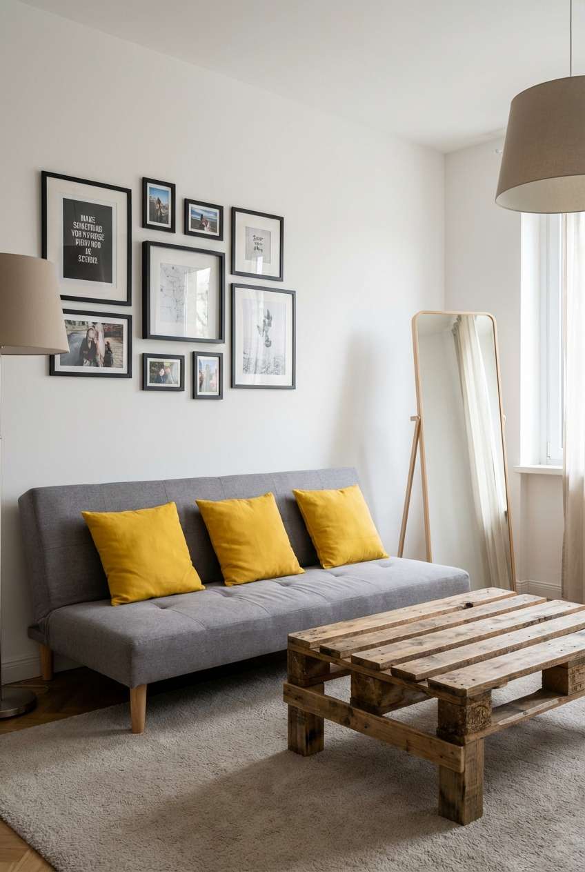 Casual, modern living room with white walls and a grey fabric sofa accented with three bright yellow throw pillows. A coffee table made from two stacked wooden shipping pallets sits on a light beige textured rug. A collection of black-framed photos and art hangs above the sofa, and a tall, leaning wooden-framed floor mirror stands near a bright window. Keywords: casual living room, grey sofa, yellow pillows, pallet coffee table, gallery wall, leaning mirror, light interior