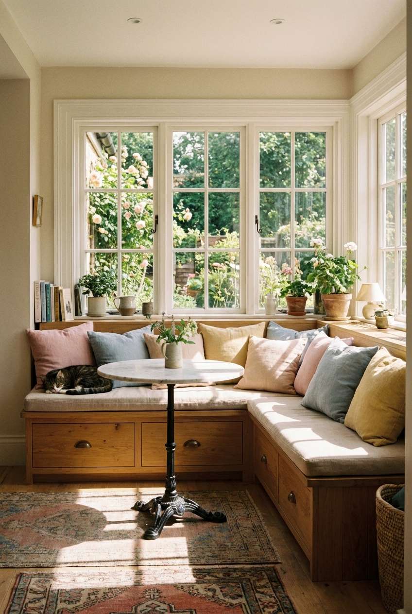 Rustic cottagecore breakfast nook featuring an L-shaped wooden window seat with built-in storage drawers. Colorful pastel throw pillows line the bench where a cat sleeps, accompanied by a round marble bistro table, vintage rugs, and a view of a lush garden through large white-pane windows. 