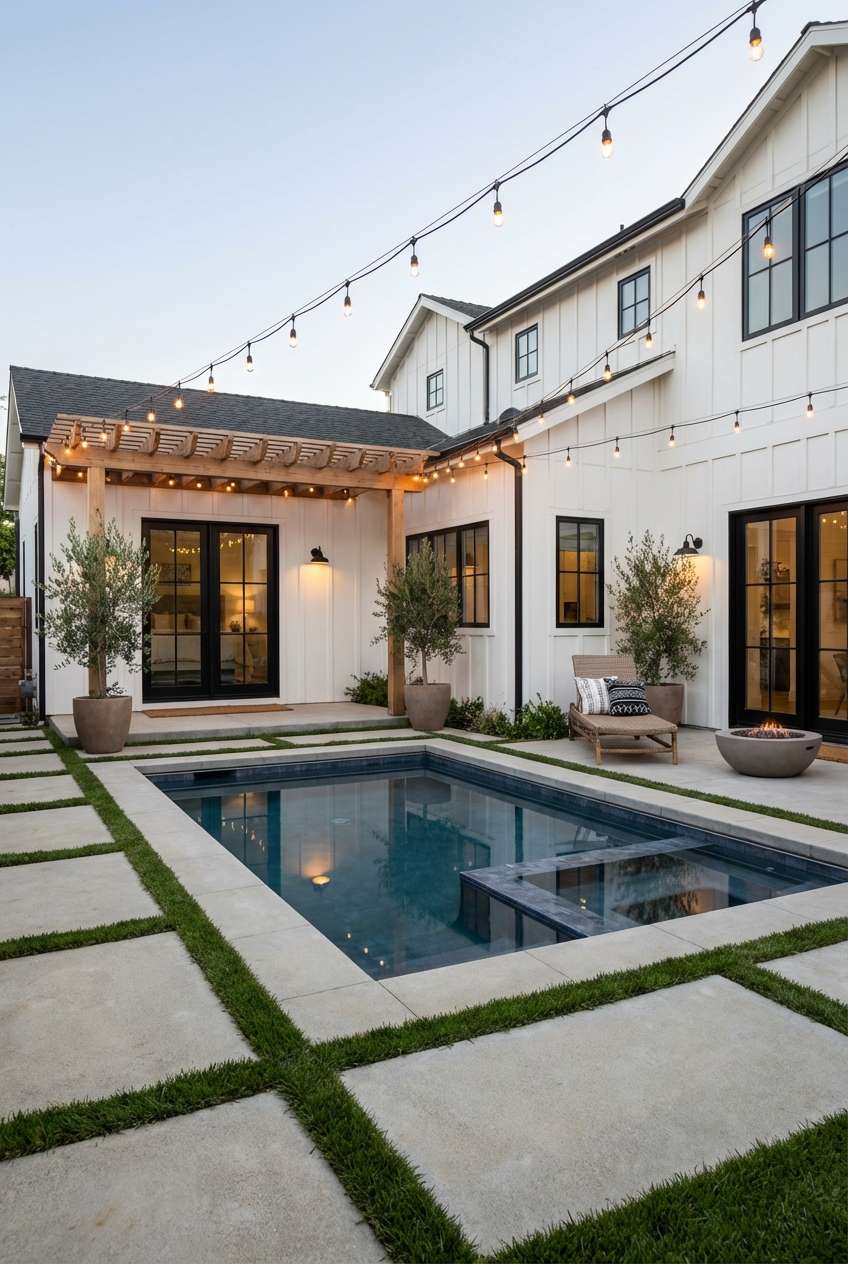 Modern farmhouse backyard with a rectangular swimming pool featuring dark blue tile, surrounded by large square concrete pavers separated by strips of green grass, leading up to a white board-and-batten style house with black-trimmed windows and glass doors, all illuminated by overhead string lights at twilight. Farmhouse style, concrete paver patio, backyard pool design, outdoor lighting