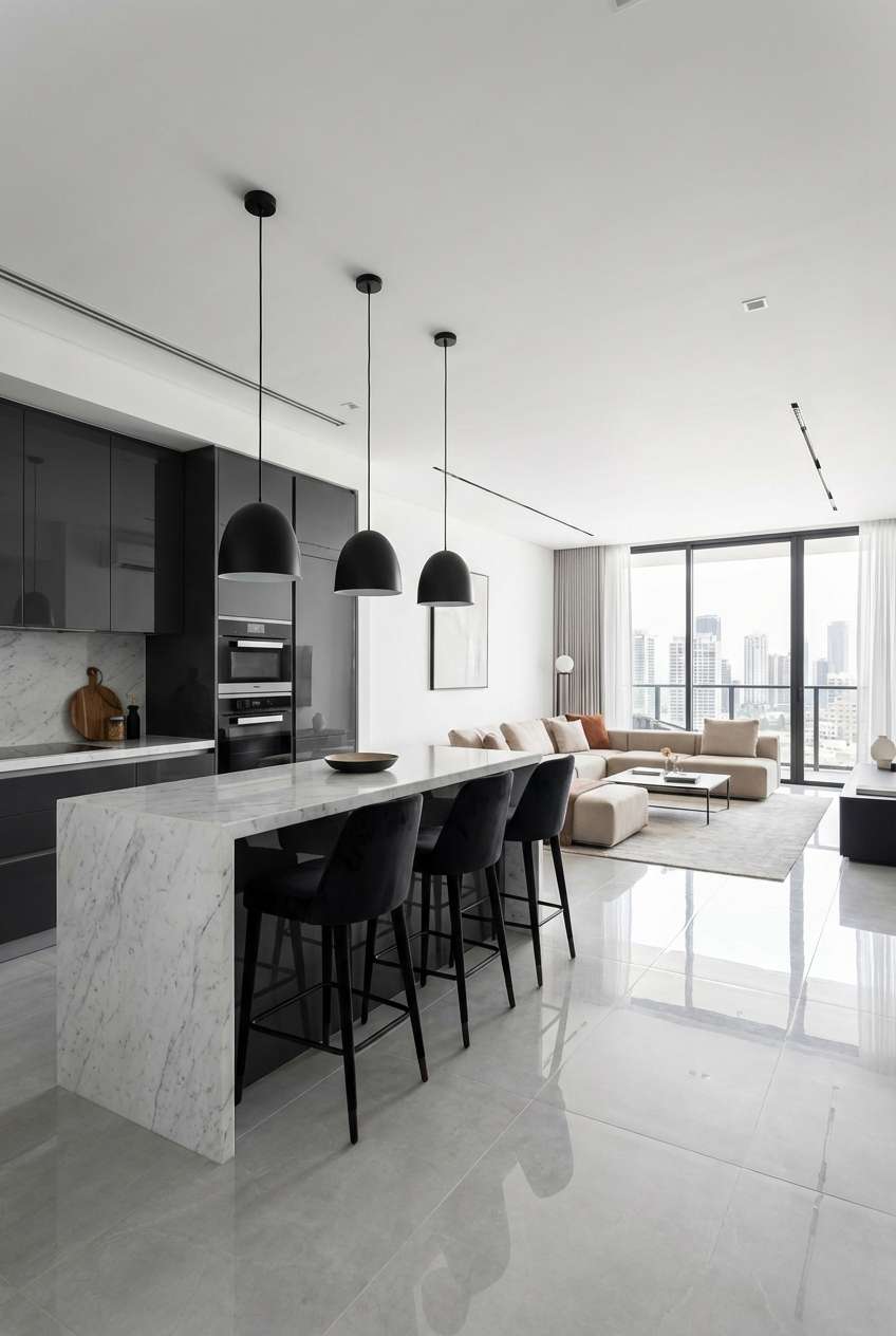 Bright, minimalist living room with white walls and light wood flooring. A dark grey L-shaped sectional sofa is decorated with pale pink and mint green throw pillows. A unique geometric black wireframe coffee table sits on a light rug near a window covered with sheer white curtains. A large round mirror with a thin black frame hangs on the wall, and a large green houseplant in a woven basket adds a touch of nature. Keywords: minimalist living room, grey sectional, geometric coffee table, white sheer curtains, light wood floor, round mirror, indoor plant