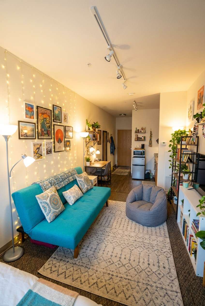 Cozy studio apartment living area featuring a bright teal futon sofa and a grey bean bag chair. The wall behind the sofa is decorated with an eclectic gallery of framed art prints illuminated by hanging warm white string lights, creating a relaxed dorm-style atmosphere with a patterned rug and open shelving. 