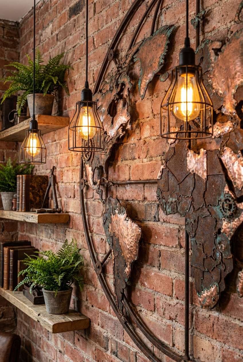 Industrial style exposed brick wall decor featuring a large metal world map sculpture, rustic wooden floating shelves with greenery, and hanging industrial cage pendant lights with Edison bulbs.