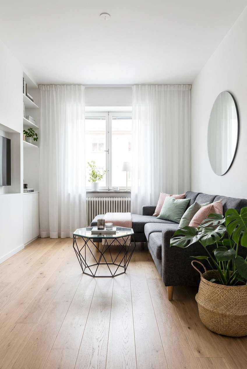 Bright, minimalist living room with white walls and light wood flooring. A dark grey L-shaped sectional sofa is decorated with pale pink and mint green throw pillows. A unique geometric black wireframe coffee table sits on a light rug near a window covered with sheer white curtains. A large round mirror with a thin black frame hangs on the wall, and a large green houseplant in a woven basket adds a touch of nature. Keywords: minimalist living room, grey sectional, geometric coffee table, white sheer curtains, light wood floor, round mirror, indoor plant