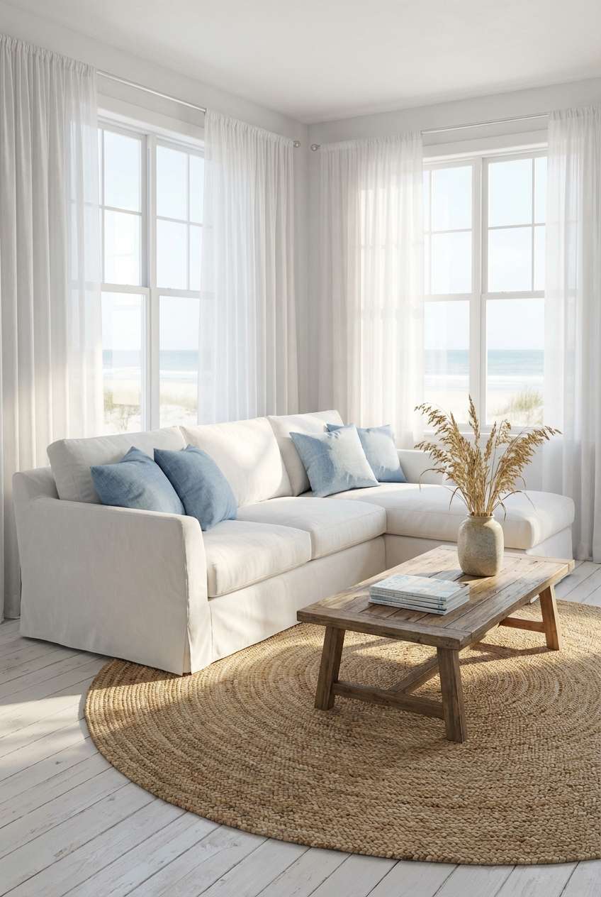 Bright coastal living room design with a white slipcovered sectional sofa and light blue throw pillows. Large windows with sheer white curtains frame a sunny beach view, while a round jute rug and a wooden coffee table with a vase of dried pampas grass enhance the airy, seaside aesthetic. 